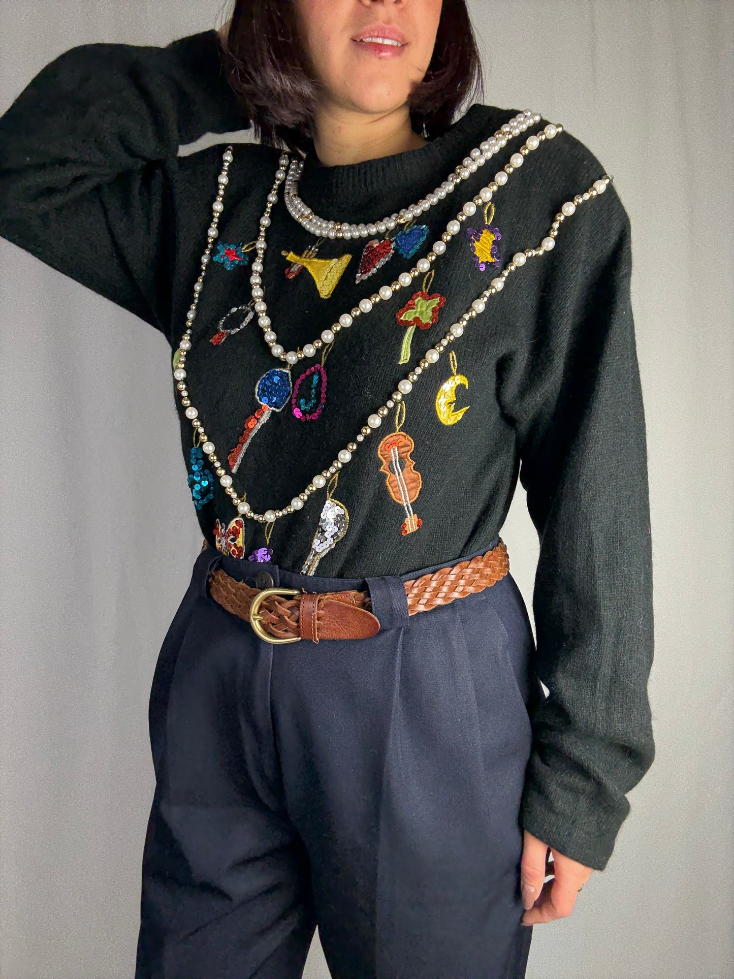 Maglione anni ‘80 nero con perle e ricami gioiello - TG. 40 - 46