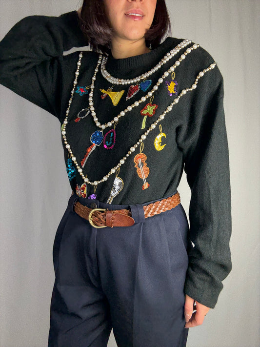 Maglione anni ‘80 nero con perle e ricami gioiello - TG. 40 - 46