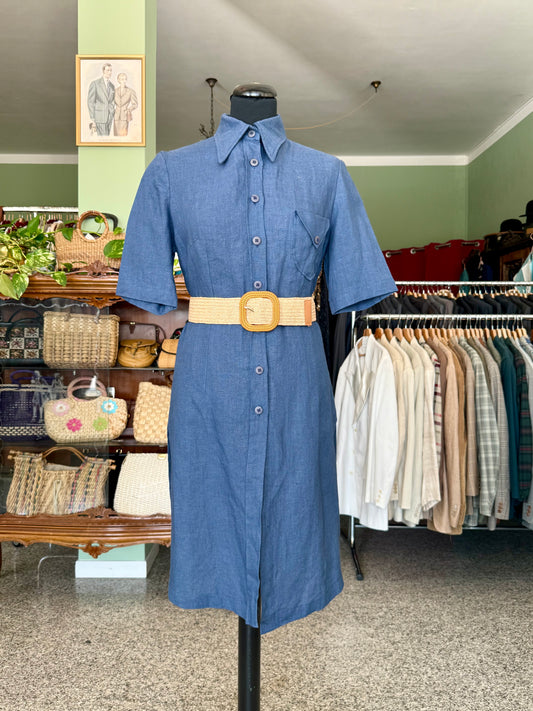 Abito camicia anni ’70 in puro lino blu denim - TG. 40 circa