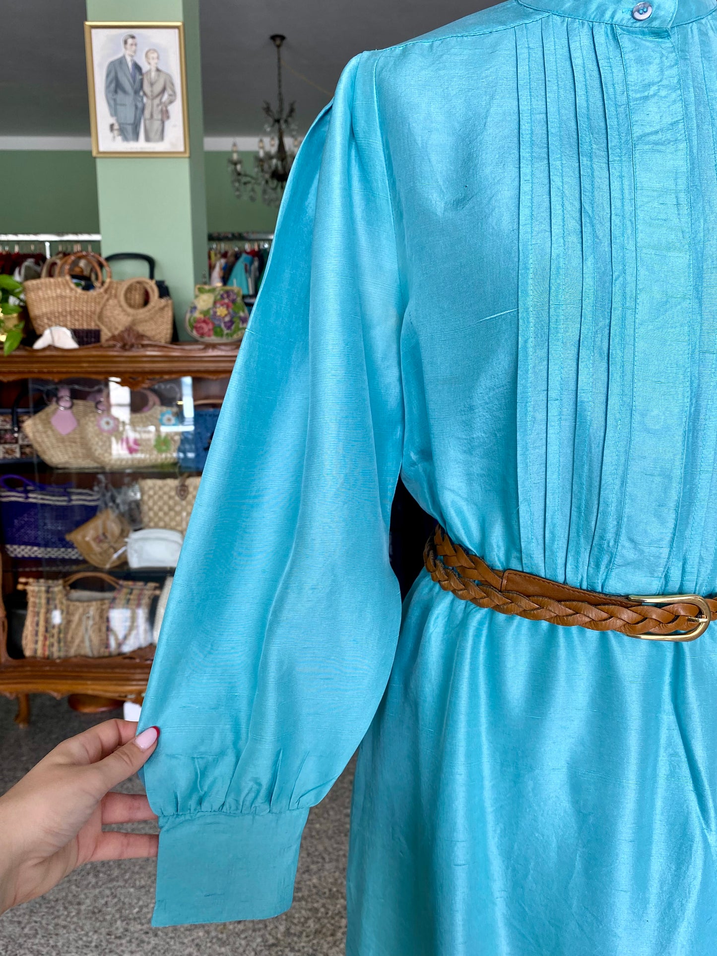 Abito Betty Barclay anni ’70 in pura seta azzurra con collo alla coreana - TG. 40/42