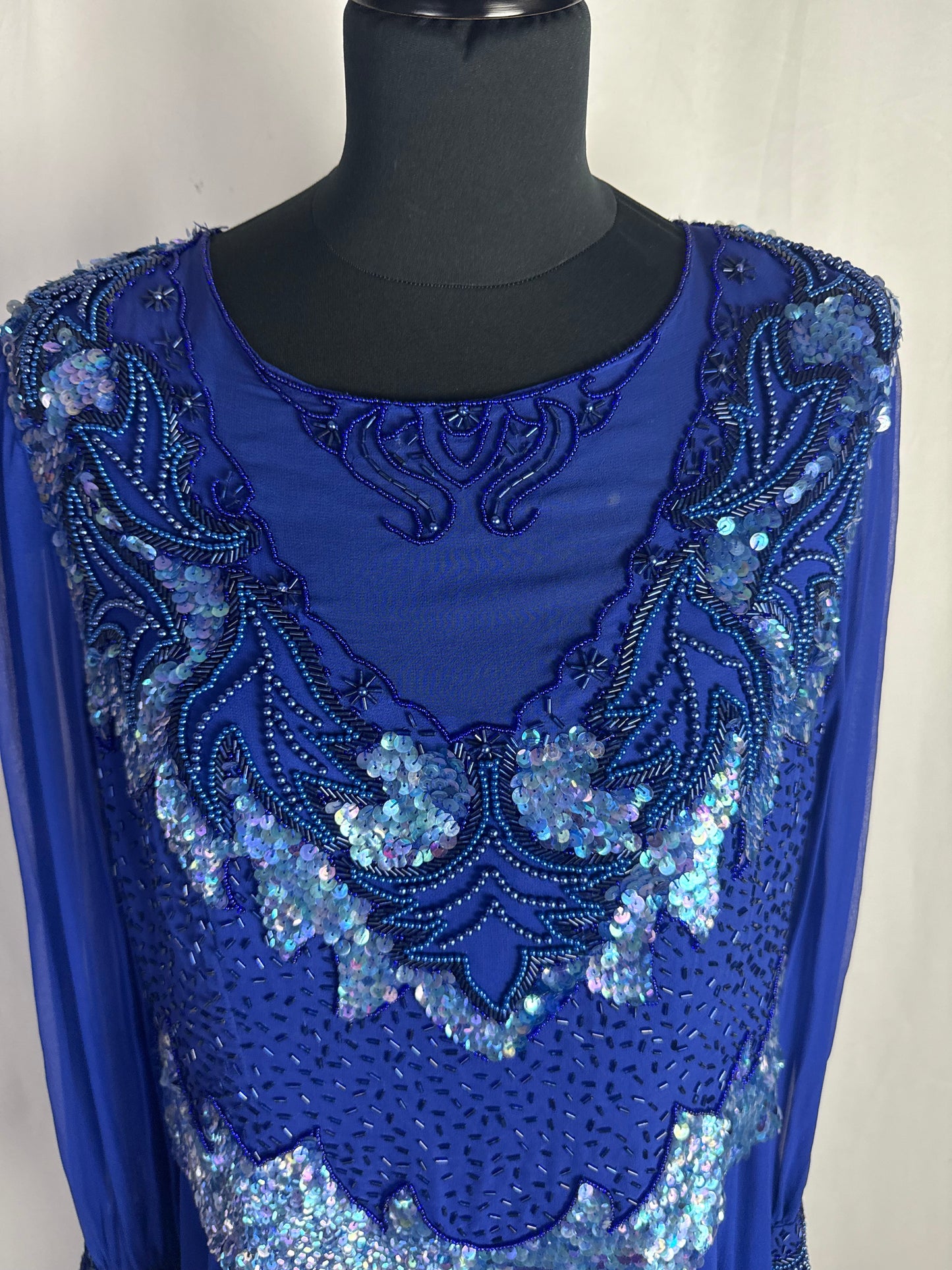 Abito anni ‘80 in seta blu Royal con ricami - TG. 44