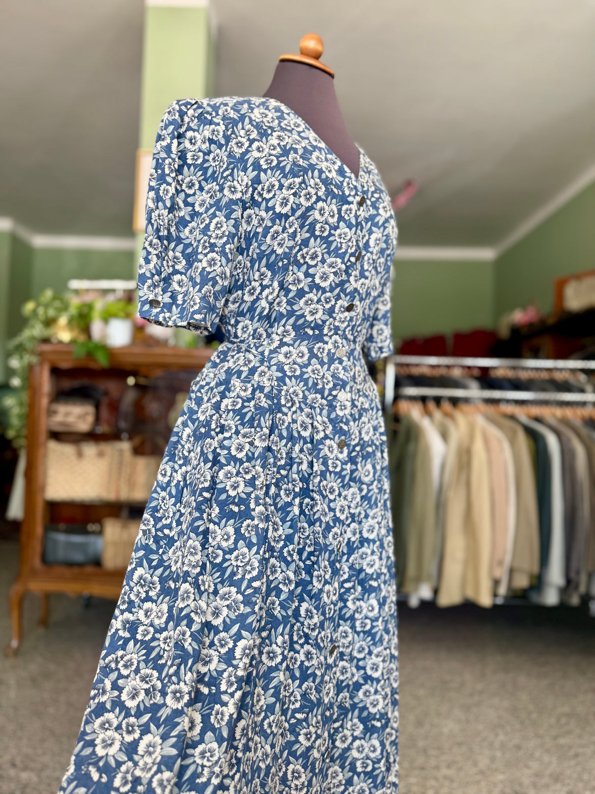 Azzurro fiori viscosa Lino