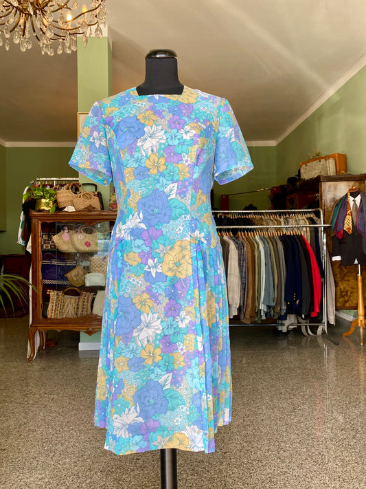 Abito vintage anni ’60 in Trevira Georgette a fiori – pieghe laterali - TG. 42 circa
