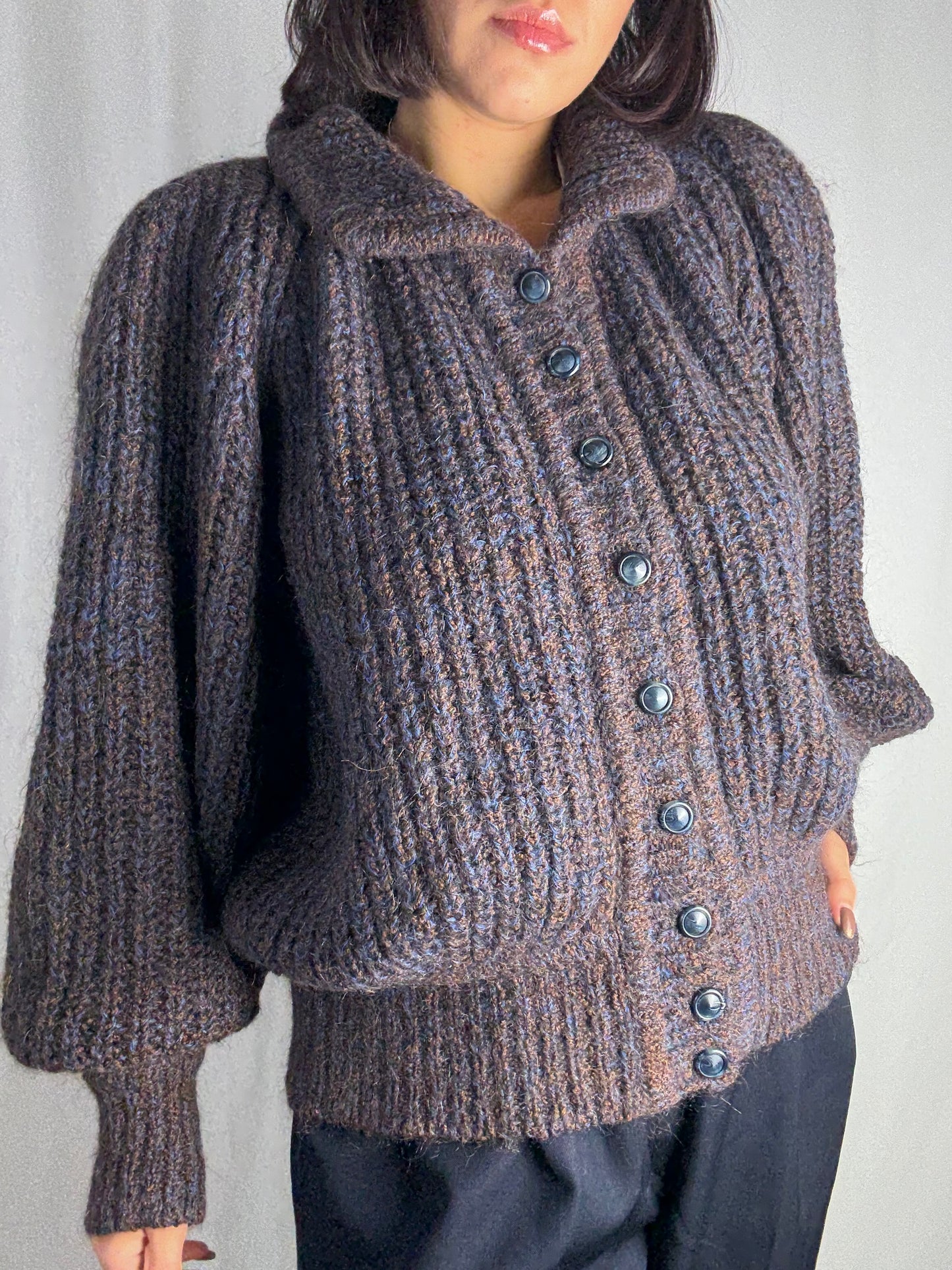 Cardigan anni ‘80 bouclé mélange con maniche balloon - TG. 44/46/48