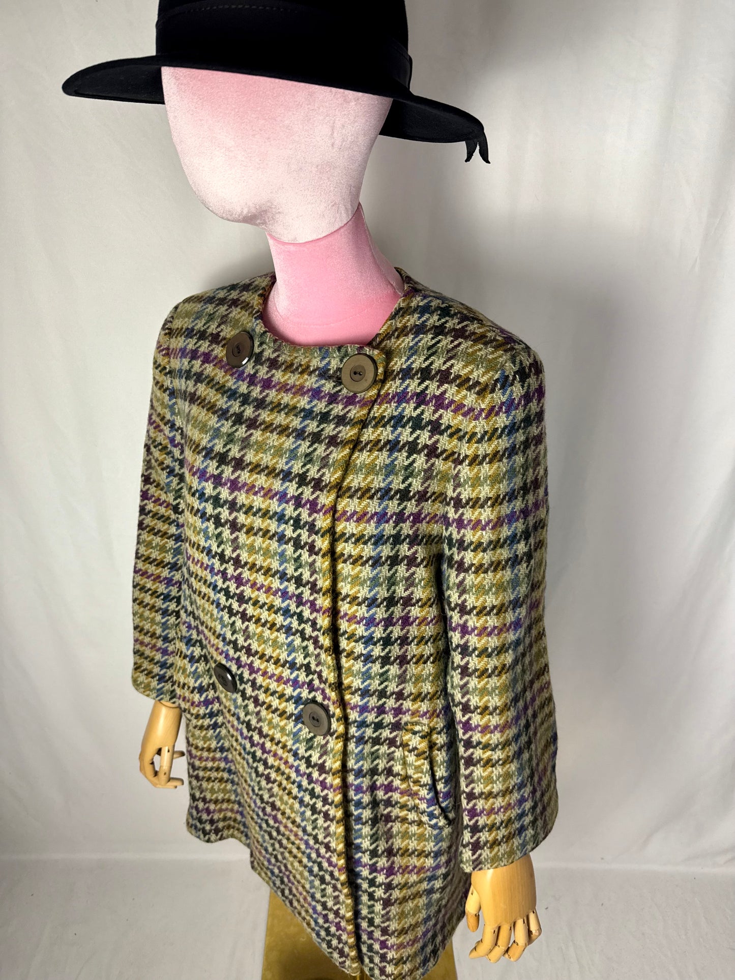 Cappotto anni ’80 in lana fantasia pied-de-poule multicolore - TG. 42/44