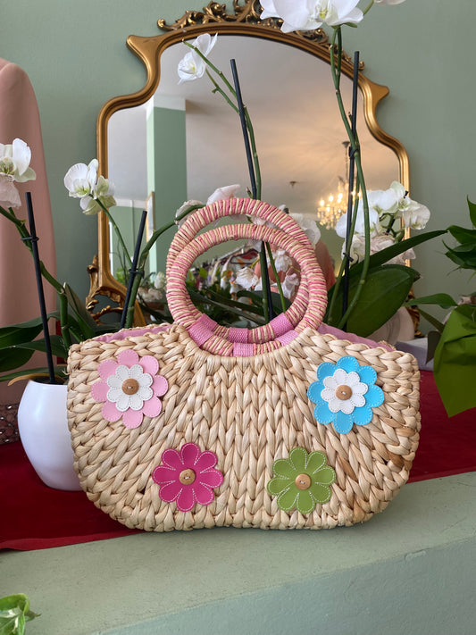 Borsa in paglia con fiori colorati e manici rotondi