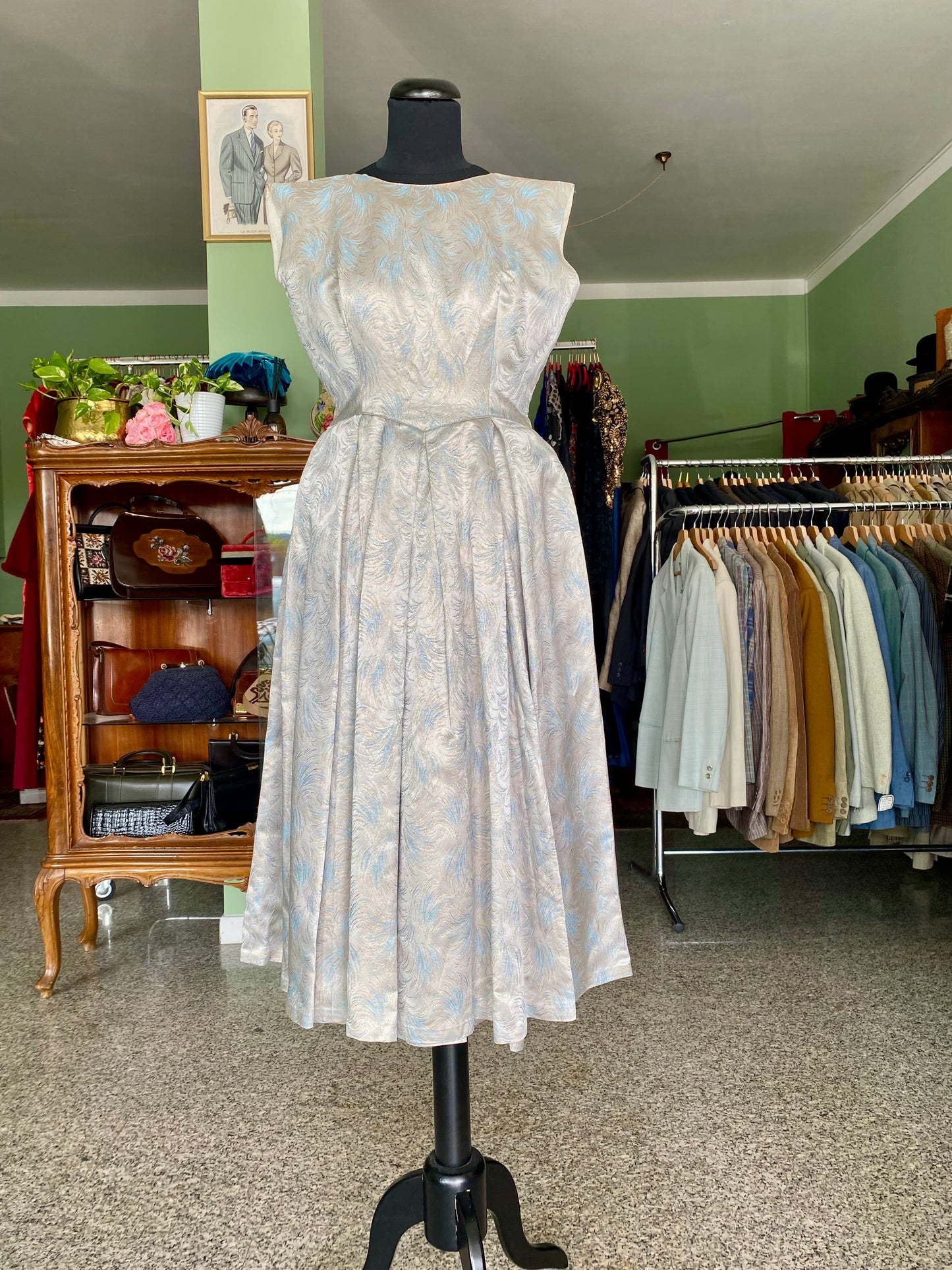 Abito originale anni ’50 in broccato lamé a motivo piumato - TG. 38