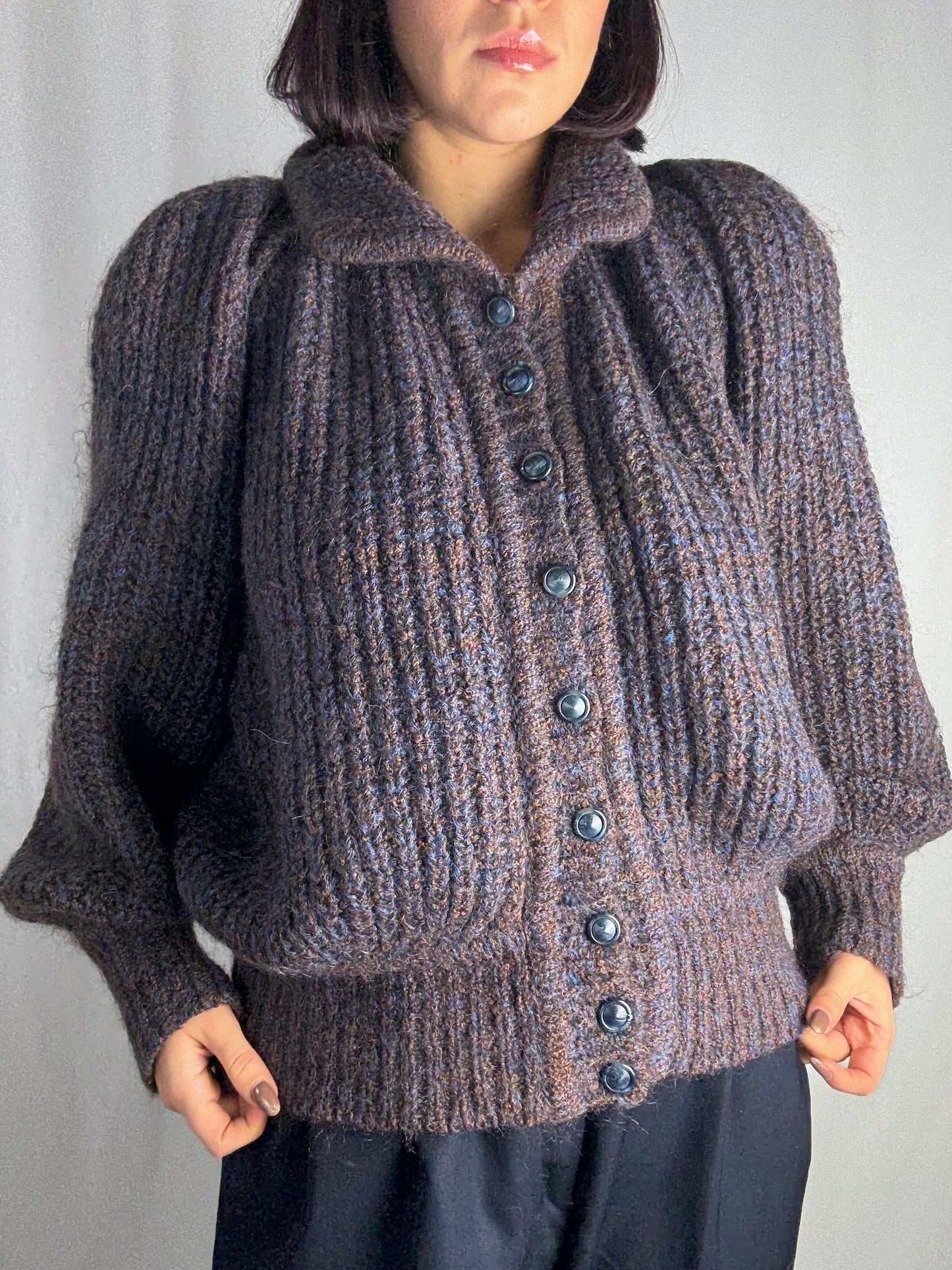 Cardigan anni ‘80 bouclé mélange con maniche balloon - TG. 44/46/48