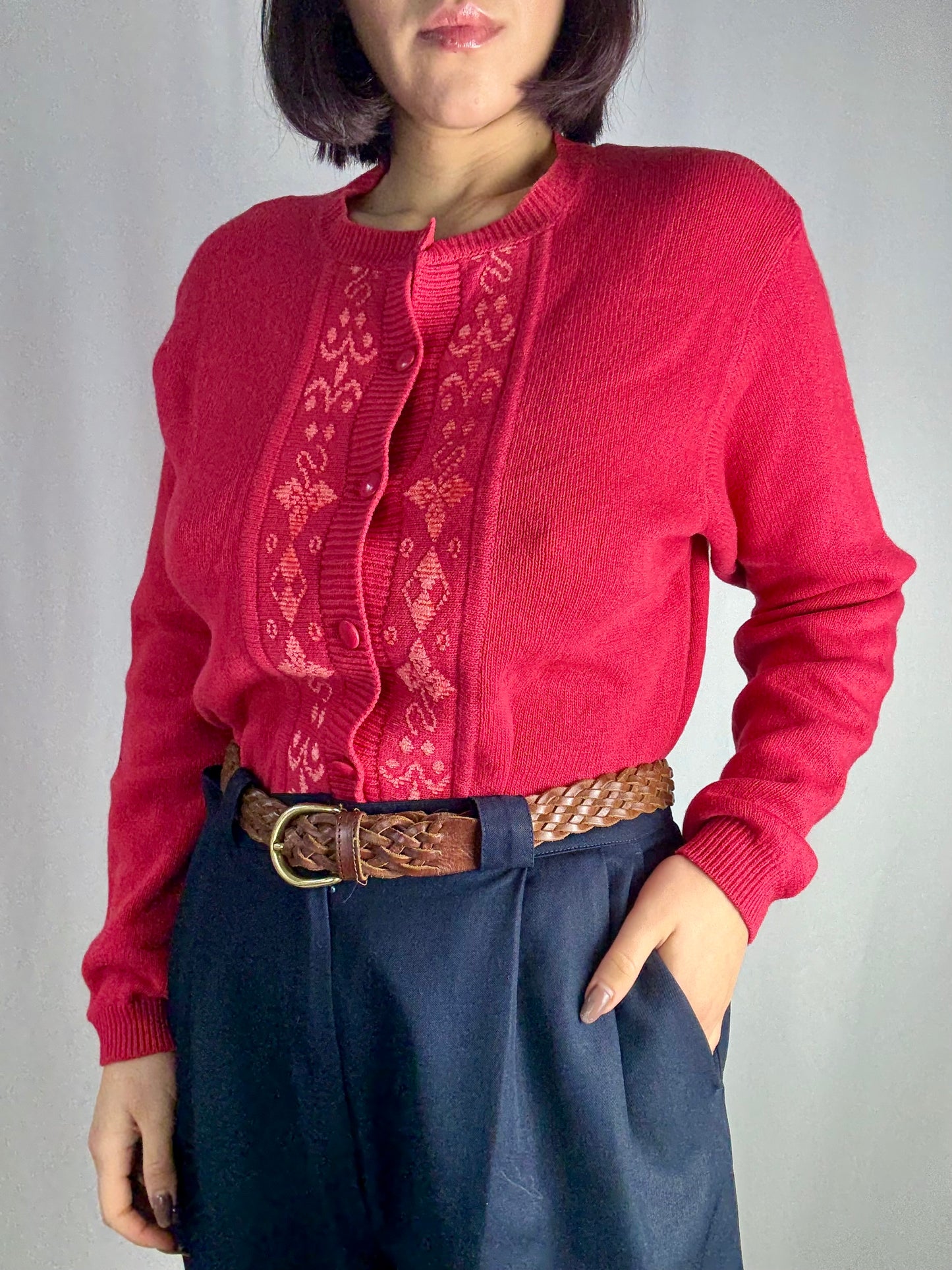 Cardigan in lana rosso con pannello jacquard ton-sur-ton - TG. 44