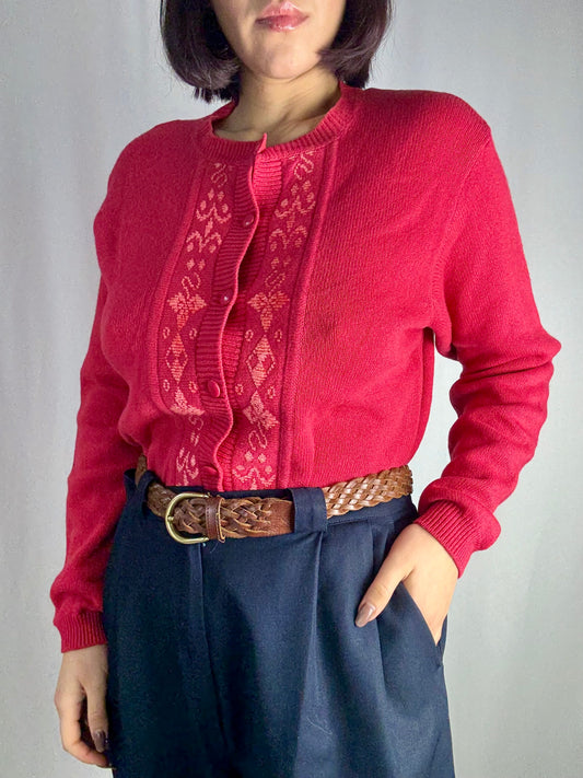 Cardigan in lana rosso con pannello jacquard ton-sur-ton - TG. 44