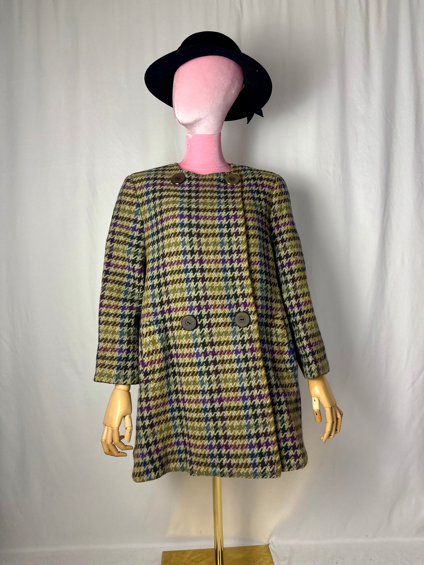Cappotto anni ’80 in lana fantasia pied-de-poule multicolore - TG. 42/44