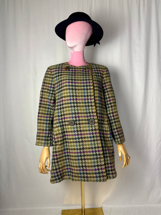 Cappotto anni ’80 in lana fantasia pied-de-poule multicolore - TG. 42/44