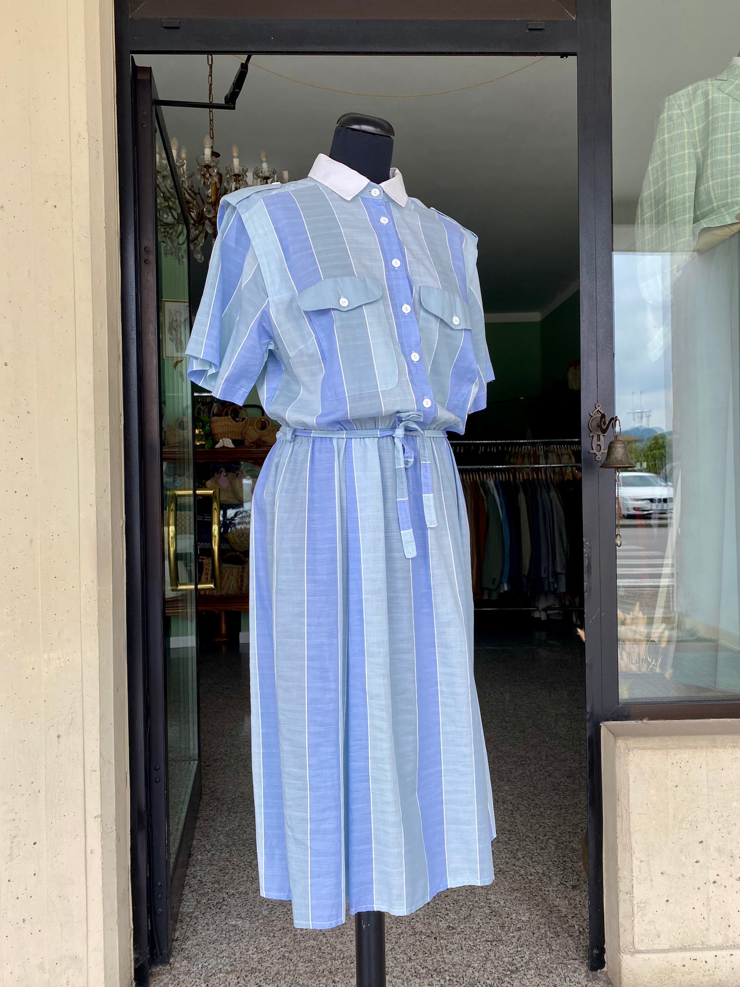 Abito chemisier vintage in cotone a righe azzurre - TG. 40/42
