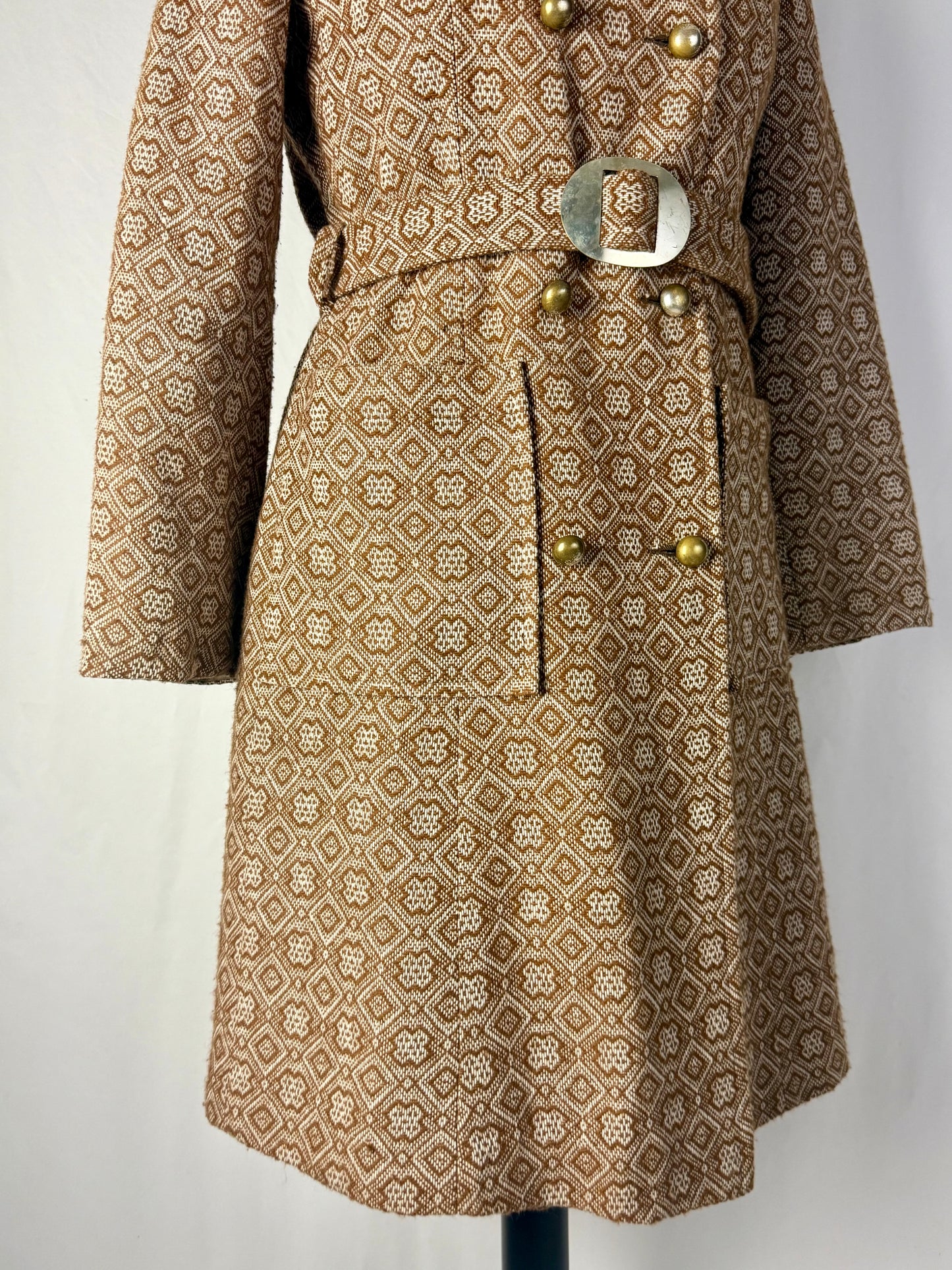 Cappotto anni ’60 in jacquard con cintura e bottoni dorati - TG. 40
