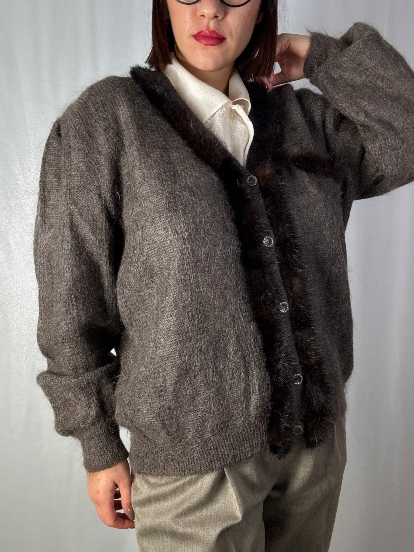 Cardigan Vintage in Mohair con Bordo in Visone – Eleganza Anni ’80 - TG. 48/50