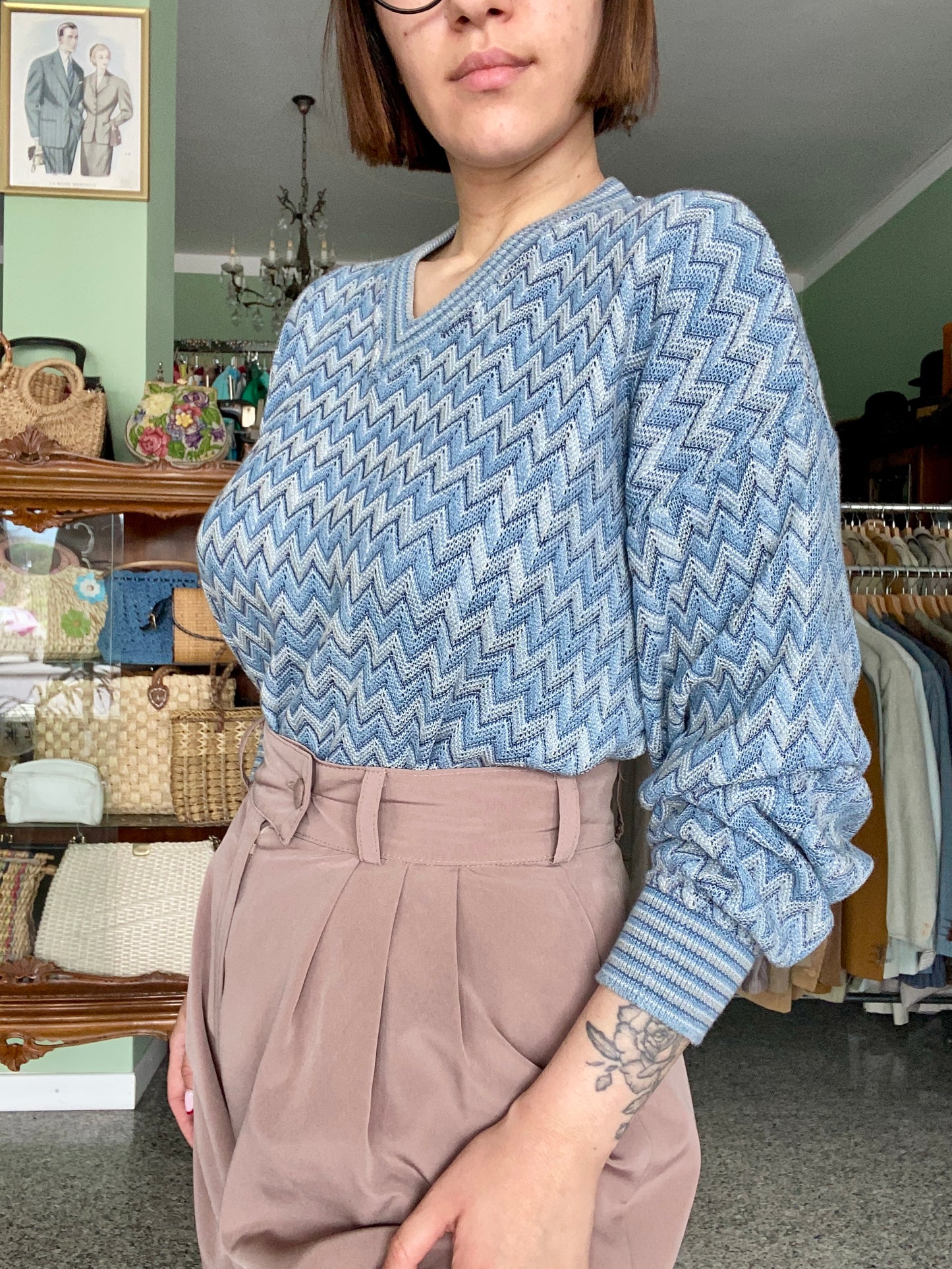 Maglione vintage GioFerrari a zig zag blu anni ‘90 - TG. 48/50