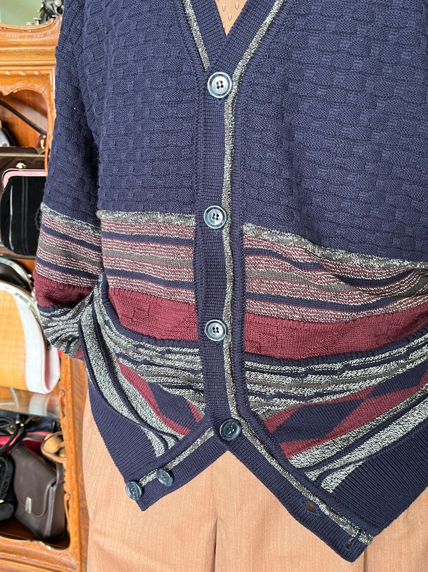 Cardigan anni ‘80 blu e borgogna