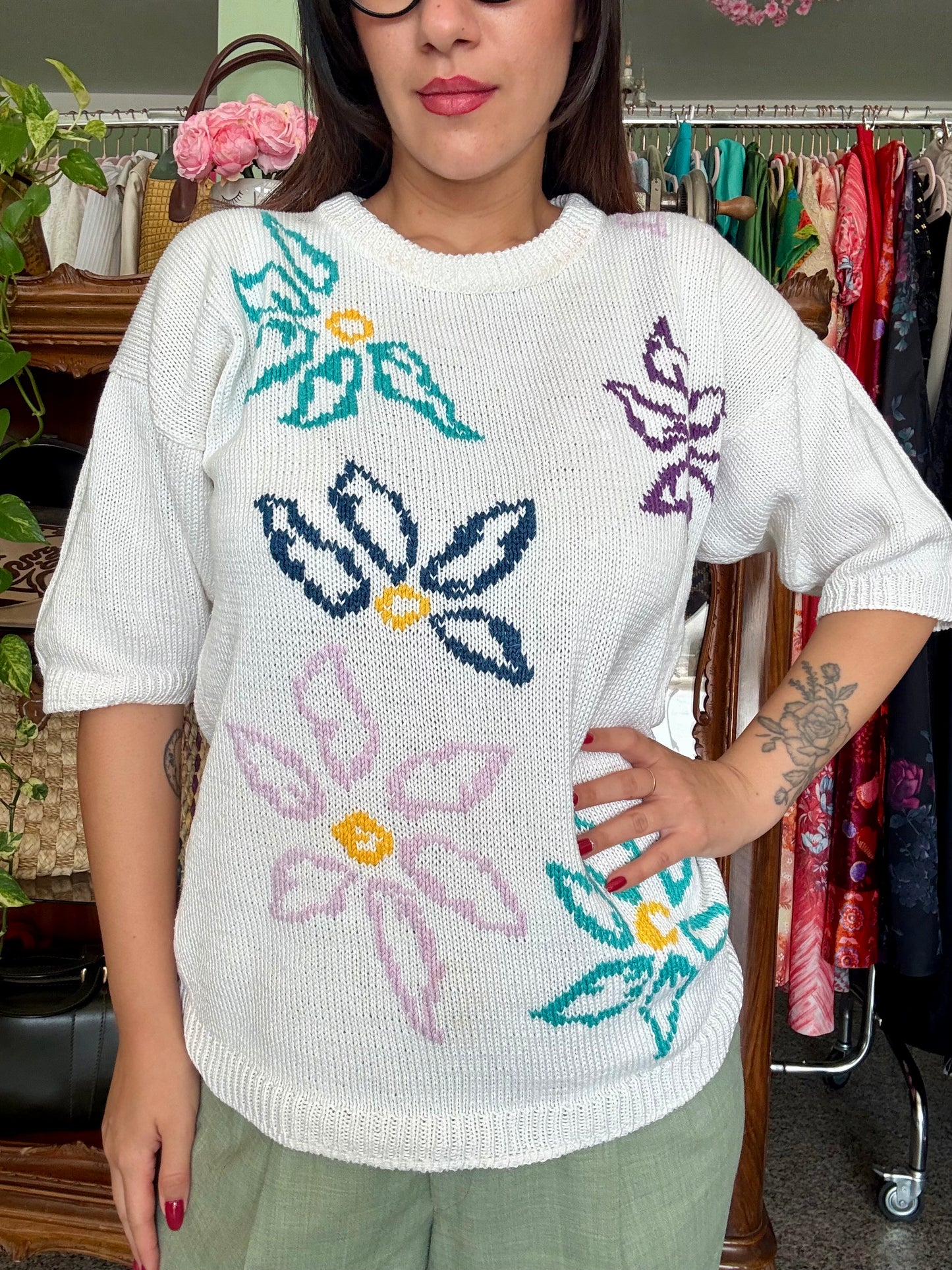 Maglia bianca con fiori - TG. M/L
