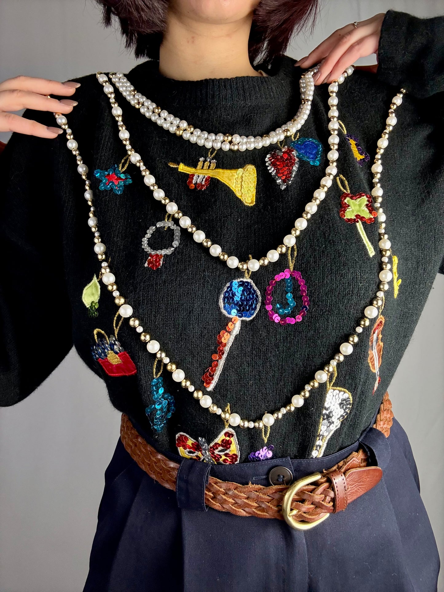 Maglione anni ‘80 nero con perle e ricami gioiello - TG. 40 - 46