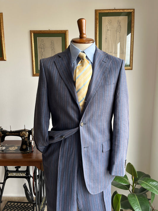 Completo gessato in lino blu